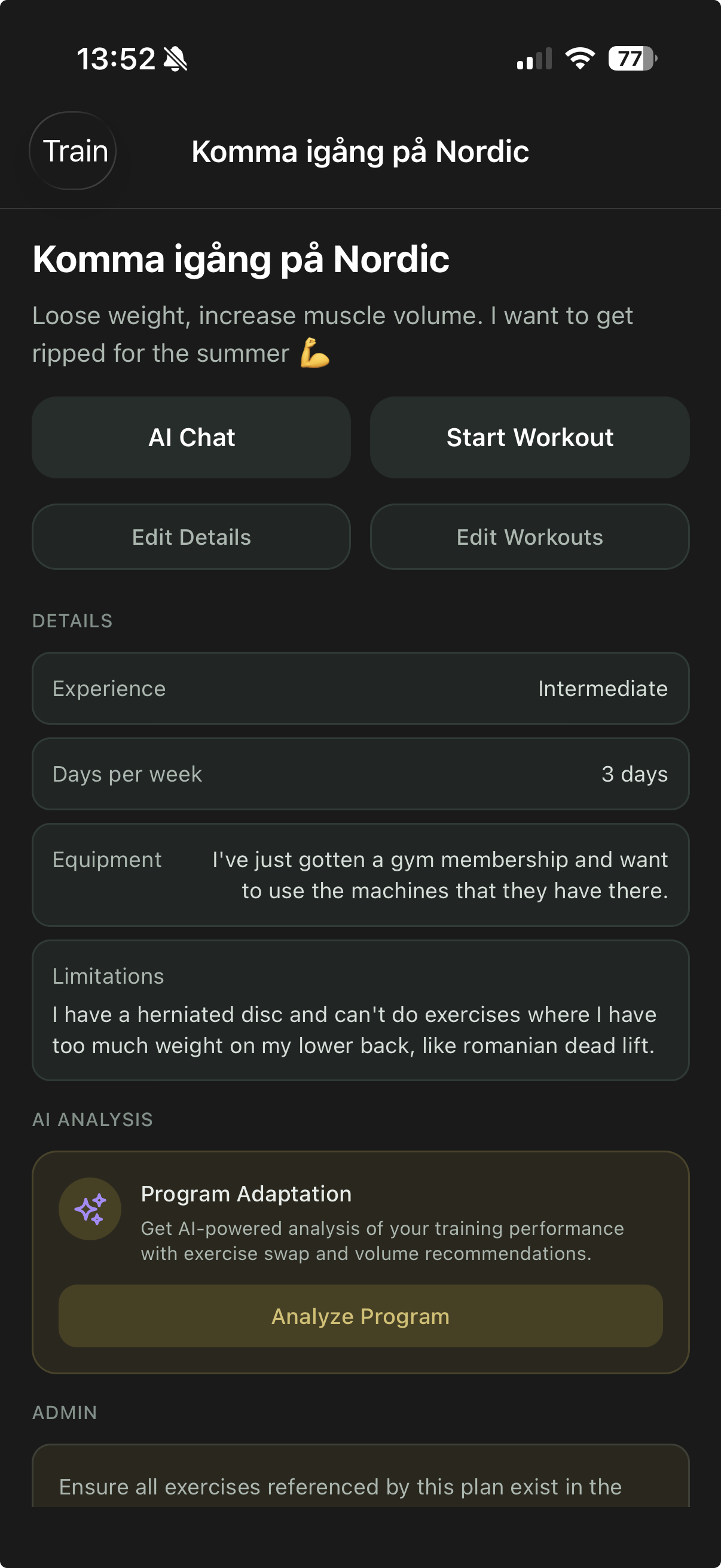 AI-generated training plan with workout details