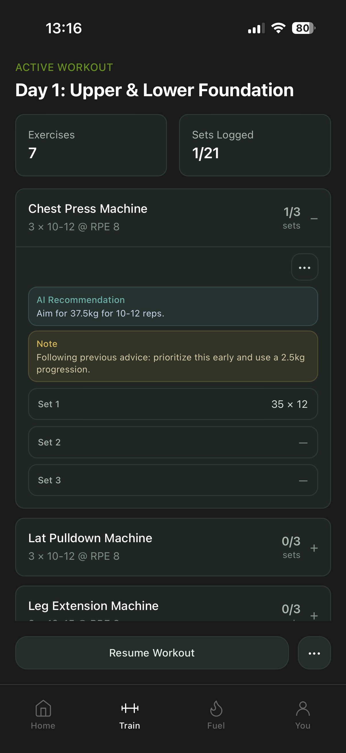 Active workout session tracking