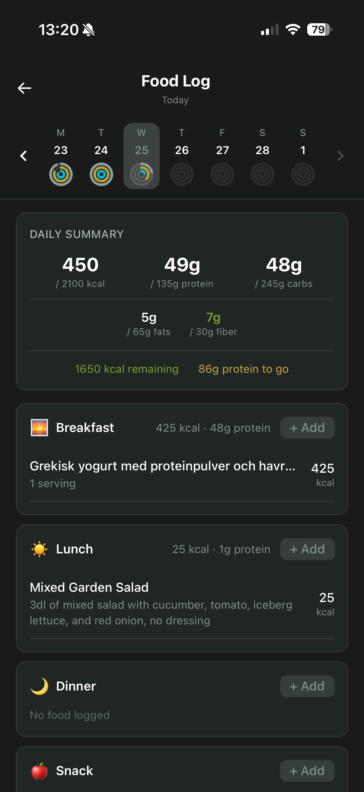 Food log with meal entries